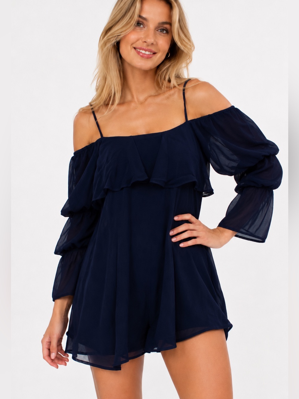 Navy Cold-Shoulder Mini Dress with Sheer Ruffle Sleeves XS